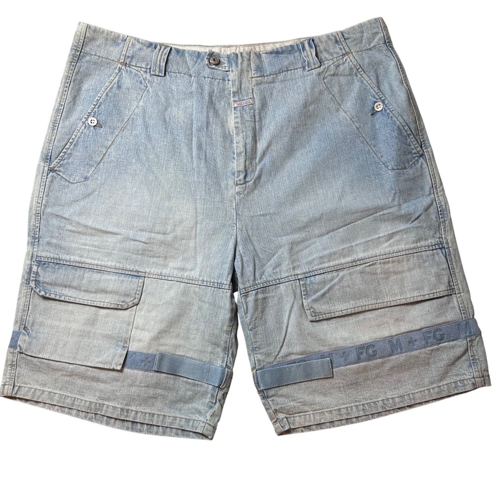 VTG Marithe Francois Girbaud Shuttle Strap Tape Shorts Mens 44 Blue Denim Cargo